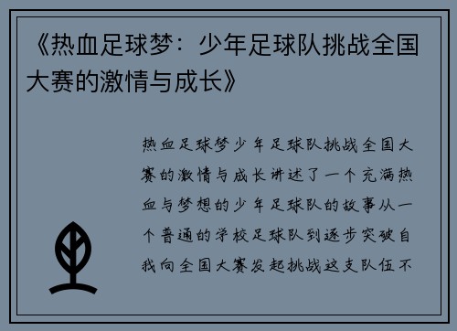 《热血足球梦：少年足球队挑战全国大赛的激情与成长》